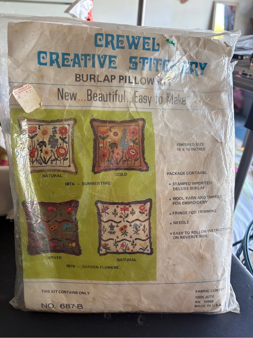 Vintage Crewel Creative Stitchery Kit burlap pillow kit